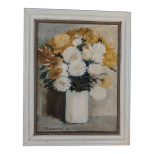 “White and Golden Chrysanthemums” by d.l. Campbell, 1970_ Original Oil, Framed