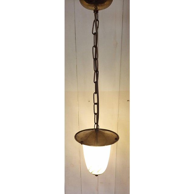 Mid-Century German Ceiling Lamp with Brass Frame, Light Amber-Tinted Glass Shade and Spiral Decoration, 1950s For Sale - Image 6 of 7
