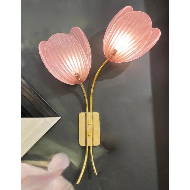 2010s Contemporary Italian 2-Branch Pink Murano Glass Tulip Flower Gold Brass Sconces - a Pair For Sale - Image 5 of 10