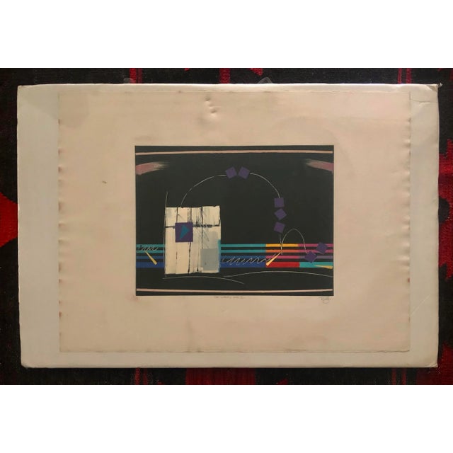 Blue Vintage Geometric Abstract Lithograph Print Signed 80's For Sale - Image 8 of 10