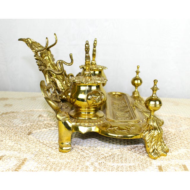 Renaissance Antique Large Early 20th Century Inkwell Polished Solid Brass Ornamental Renaissance Style Dual Inkwell For Sale - Image 3 of 10