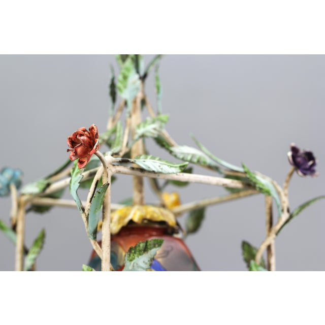French Tole and Glass Polychrome Pastel Flower Cage Pendant Light, 1950s For Sale - Image 11 of 18