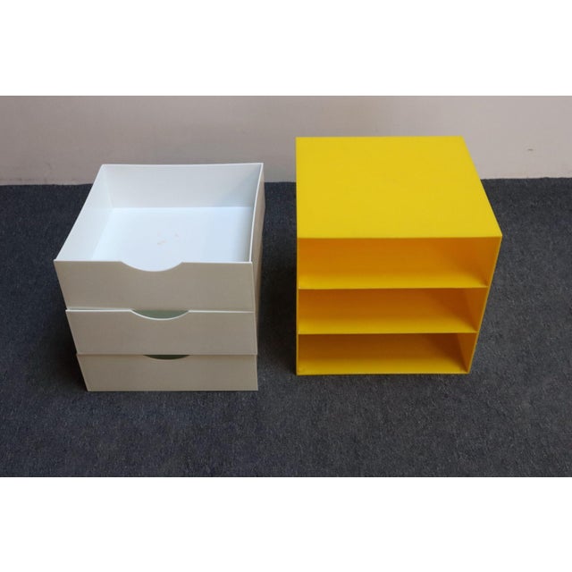 Postmodern Vintage Yellow Acrylic Storage Cube With Three White Drawers After Joe Colombo For Sale - Image 3 of 18