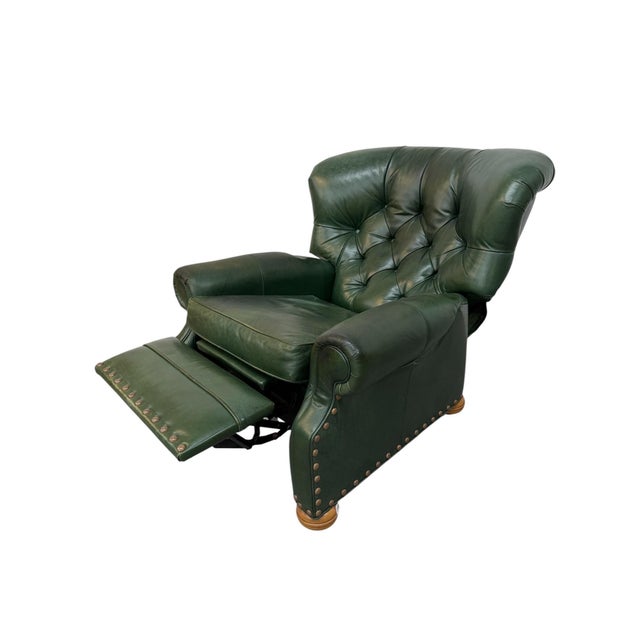 1990s Vintage Ethan Allen Forrest Green Leather Chesterfield Reclining Lounge Chair For Sale - Image 5 of 9