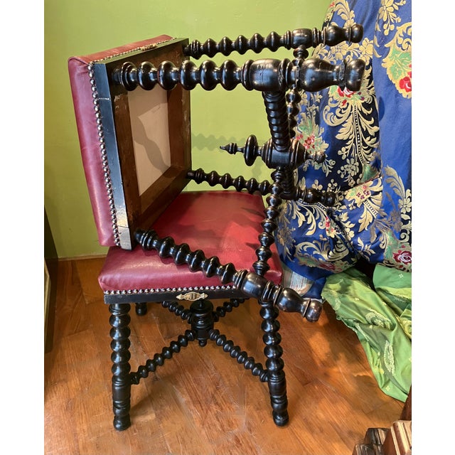 Antique Ebonized Twisted Legs Stools with Burgundy Studded Leather Seats, 1890s, Set of 2 For Sale - Image 12 of 16