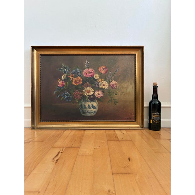 Vintage Original Floral Oil Painting With Blue and White Vase For Sale - Image 13 of 15