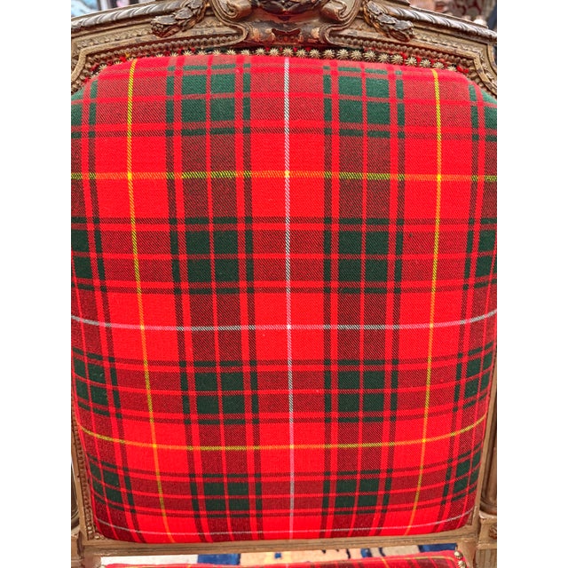 Red Pair Antique Carved Red Tartan Arm Chairs For Sale - Image 8 of 10