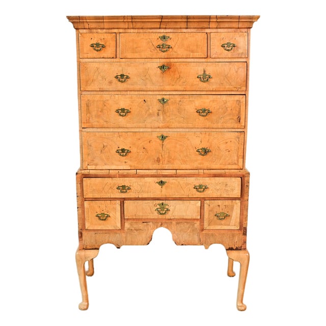 18th Century Antique English Queen Anne Burled Walnut Highboy Dresser For Sale