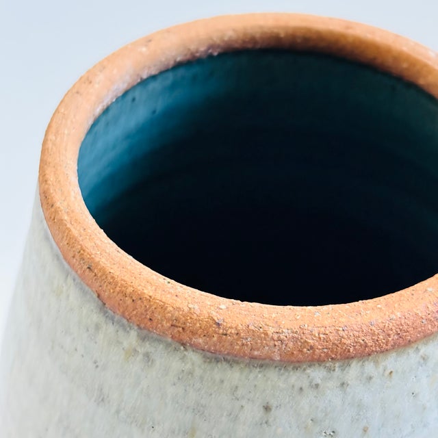 Large Gray Pottery Vase With Blue Interior For Sale - Image 4 of 9