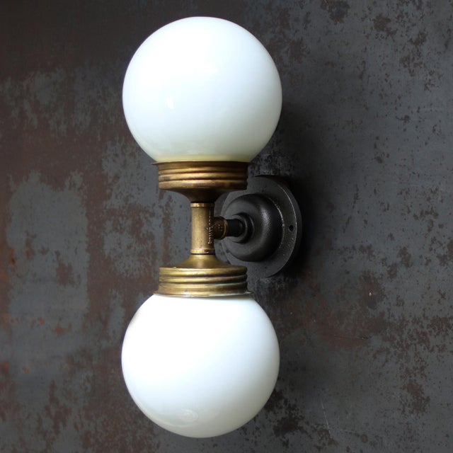 Vintage Double Sconce Wall Lamp in Cast Iron, Opaline Glass and Brass For Sale - Image 9 of 10
