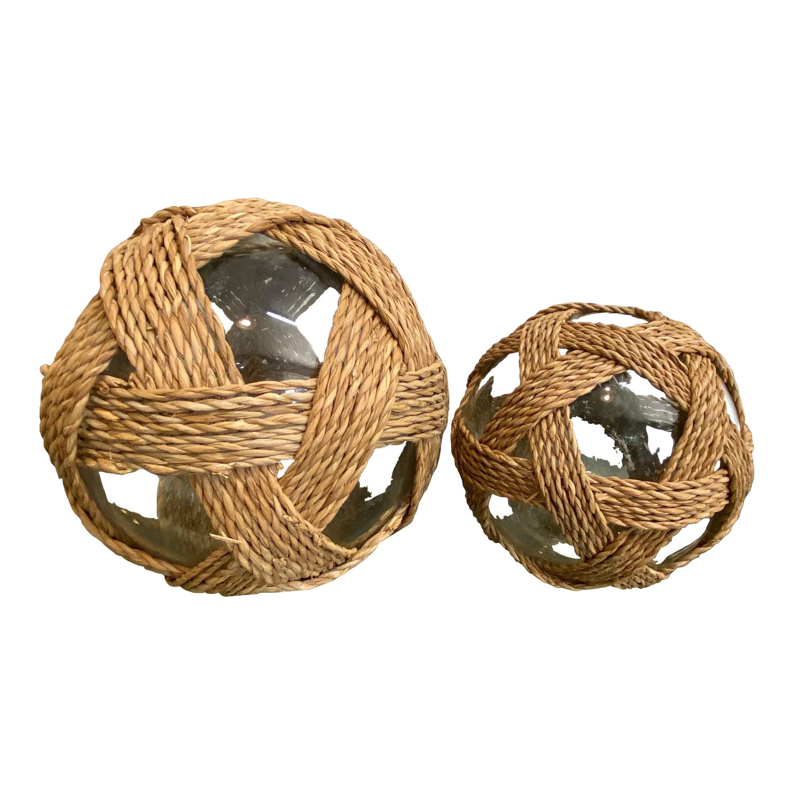Coastal Handblown Glass & Rope Spheres, Pair | Chairish