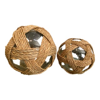 Coastal Handblown Glass & Rope Spheres, Pair For Sale