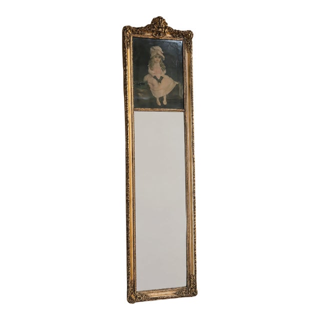 Vintage Gilt Wall Mirror With Portrait Accent For Sale