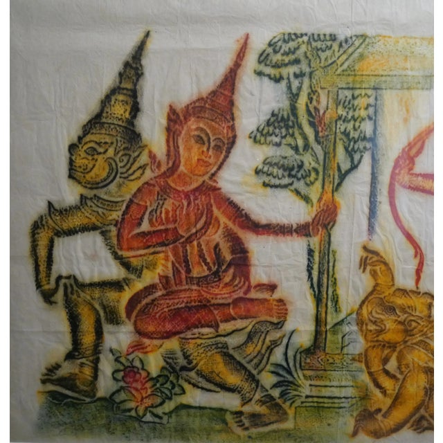 Asian Vintage Circa 1970 Thai Ramakien King Rama and Tosakanth Colorful Temple Rubbing on Rice Paper Framed Art For Sale - Image 3 of 5