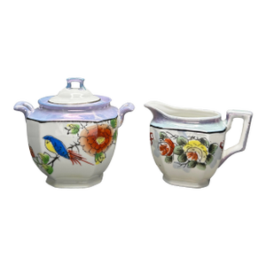Vintage 1930’s Japanese Periwinkle and Pearl Lusterware Creamer and Covered Sugar Set
