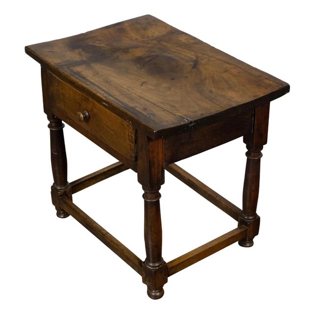 English 19th Century Walnut Table with Single Drawer and Column Shaped Legs For Sale
