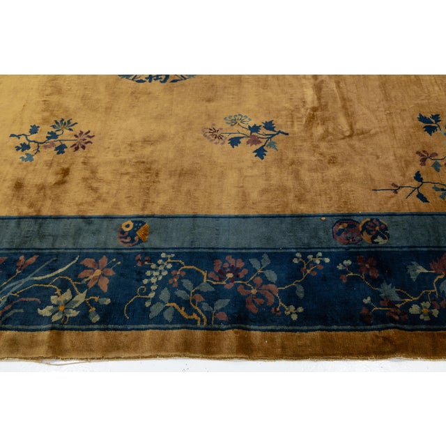 Antique Chinese Art Deco Wool Rug With Medallion and Indigo Floral Borders 9x11 For Sale In New York - Image 6 of 10
