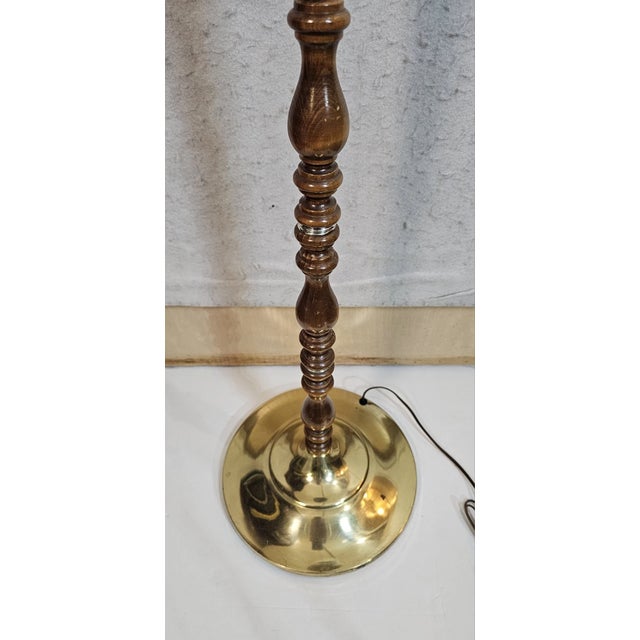 Wood Vintage MCM Torchiere Style Wooden & Brass Floor Lamp Milk Glass Shade For Sale - Image 7 of 10