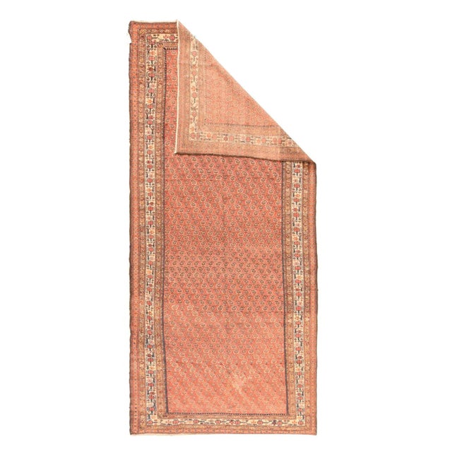 In a characteristic, elongated west Persian Malayer format, the abrashed mellow madder rust field shows a row-by-row...