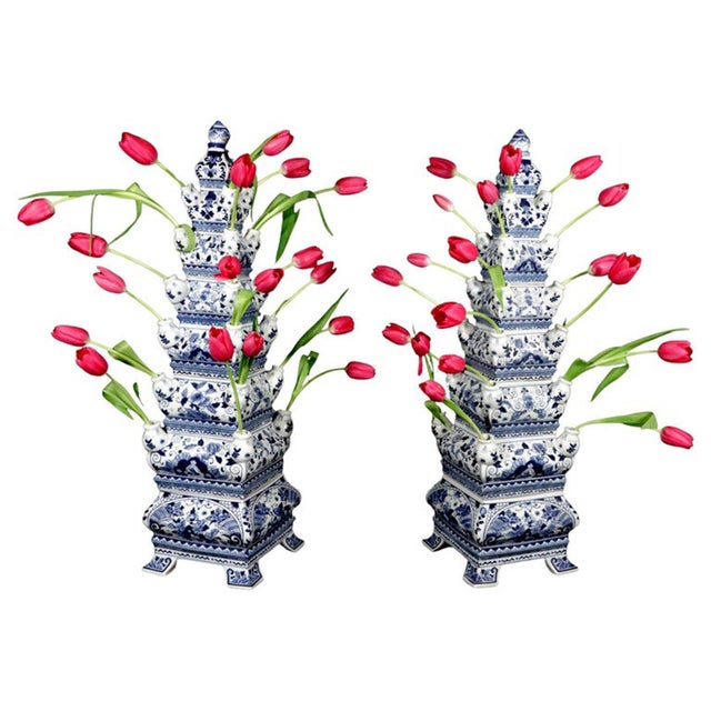Monumental Flora: Pair of Vintage Blue & White Tulip Vase Pyramids Chinese This spectacular pair of vintage porcelain...