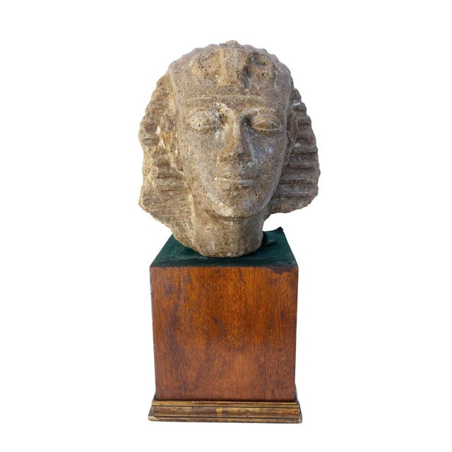 Egyptian Cement Pharaoh Bust Statue on Pedestal, Late 19th Century For Sale - Image 3 of 10