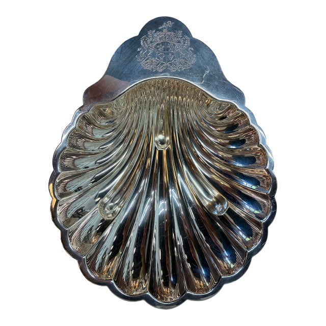 Vintage Silverplate Scallop Shell Dish With Engraved Crest For Sale