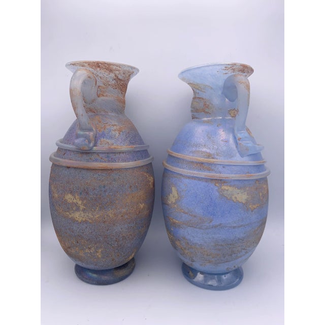 Archimede Seguso Pair of Mid-Century Murano Blue Scavo Glass Amphora Vases. For Sale - Image 4 of 13
