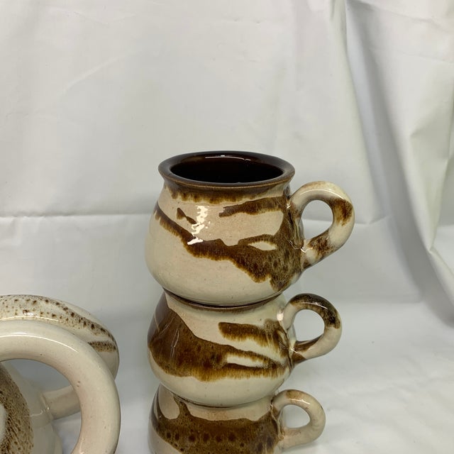 Ceramic Vintage C. 1970s Handmade Stoneware Elephant Tea Set With Sugar Bowl, Brown and Cream Glaze - Set of 8 For Sale - Image 7 of 10