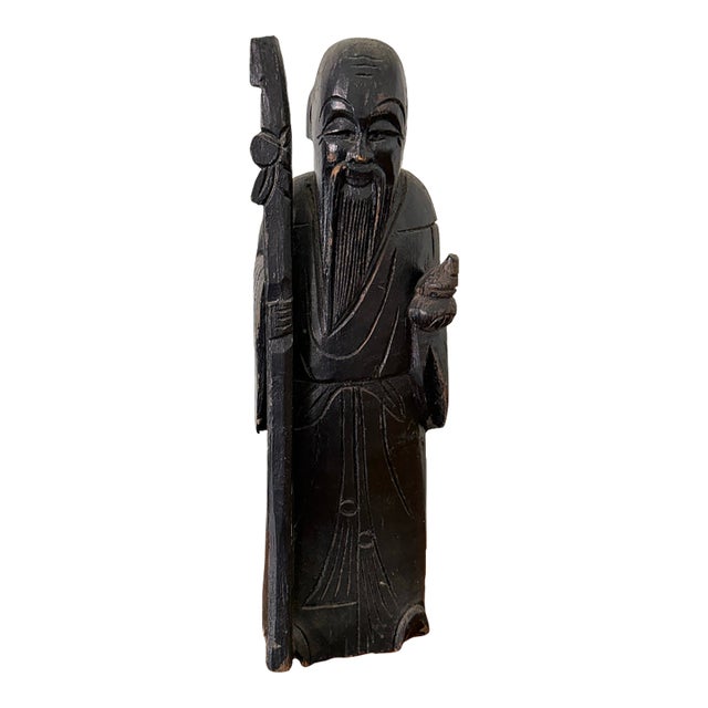 Large Antique Early 20th Century Chinese Wooden Shou Zing Statue, the Chinese God of Longevity For Sale