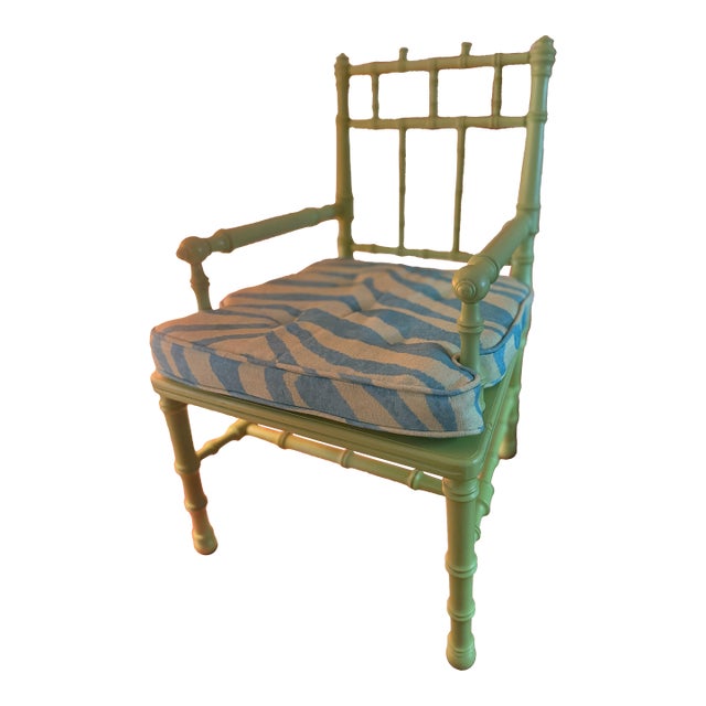 Arts and Crafts Style Faux Bamboo Child’s Chair in Apple Green With Contemporary Cushion For Sale