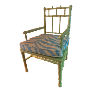 Arts and Crafts Style Faux Bamboo Child’s Chair in Apple Green With Contemporary Cushion