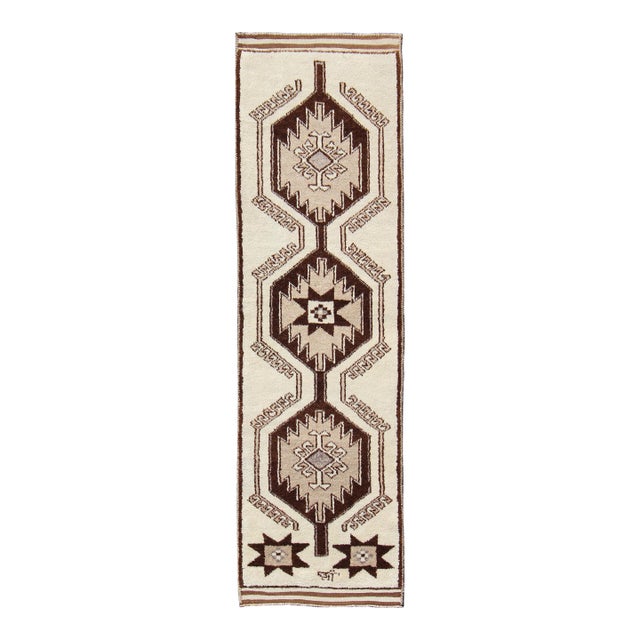 Vintage Turkish Tulu Runner With Brown and Cream Geometric Medallions 3'5 X 11'9 For Sale