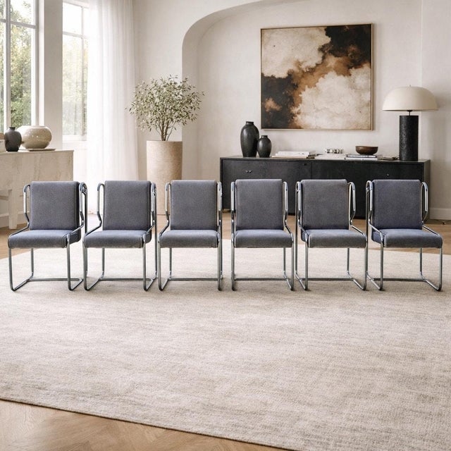 Set of Six 1980s Chrome Cantilever Dining Chairs in Gray Velvet For Sale In Los Angeles - Image 6 of 13
