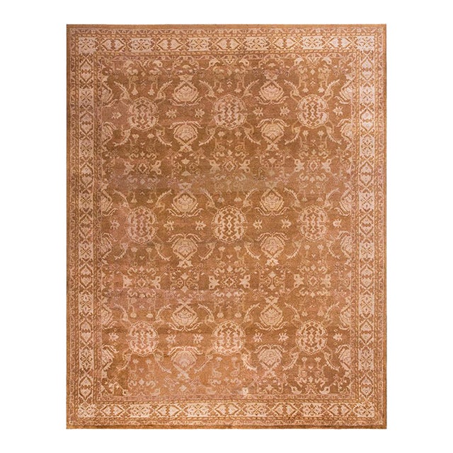 1900s Tan Camel Rustic Geometric Antique Indian Agra Rug 9'x 11' 8" Handknotted Wool Carpet For Sale