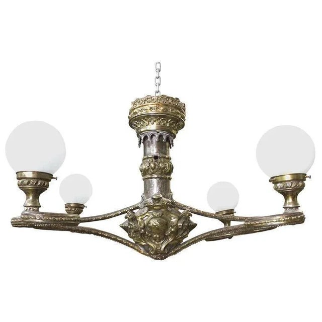 Extraordinary 19th Century Beaux Arts Four Arm Brass & Zinc Globe Light Chandelier-Stanford White Gatsby MansionStyle- 37éw. For Sale - Image 9 of 9