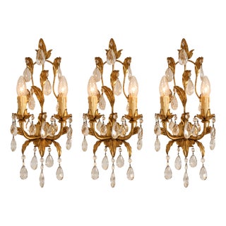 Mid-Century Regency Modern Boheme Shabby Chic Forged Gold Leaf Gilded Floral Two Light Sconce with Crystal Drops, Italy, 1950s, Set of 3 For Sale