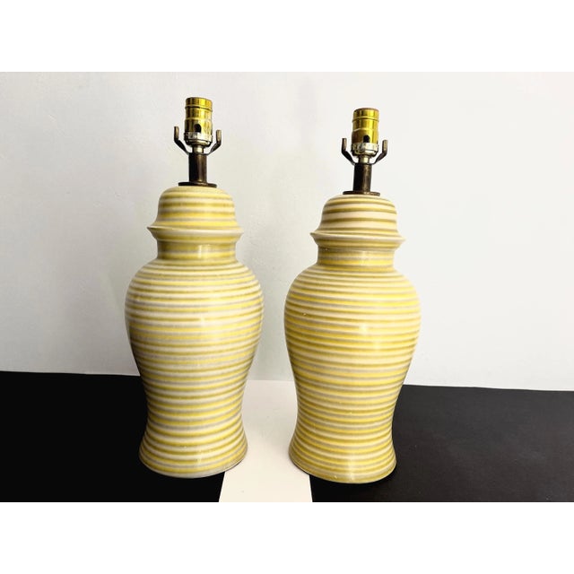 Metal Midcentury Striped Ceramic Ginger Jar Lamps & Shades - a Pair For Sale - Image 7 of 18
