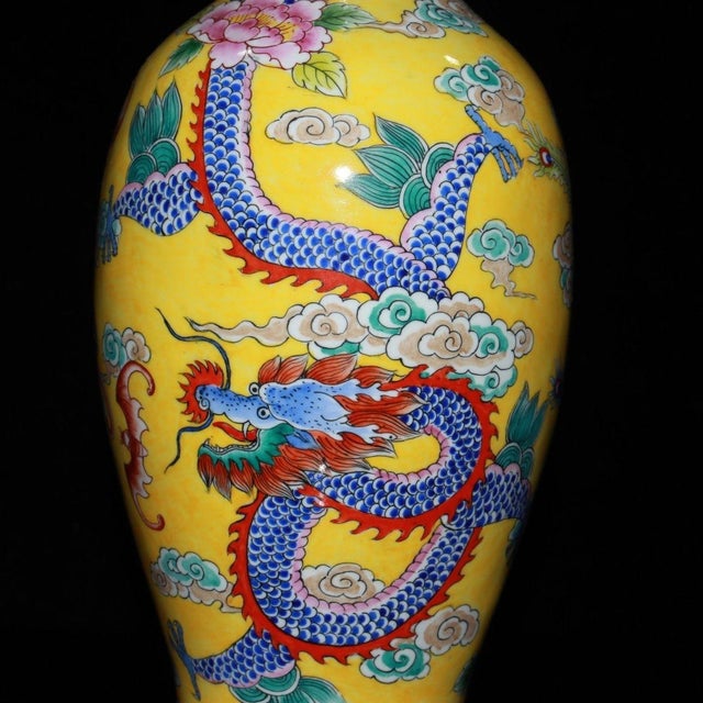 Paint Vintage Chinese Gilt Copper Enamel "Dragon & Phoenix" Vase, Qianlong Mark - 615g For Sale - Image 7 of 9