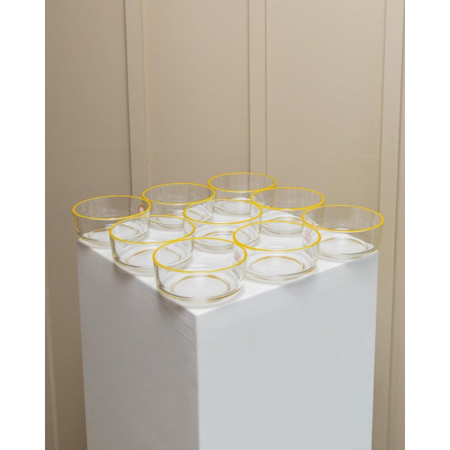 Vintage Empoli Glass Bowls in Clear Glass with Yellow Rim from Fratelli Buggiani,1980s, Set of 9 For Sale - Image 6 of 12