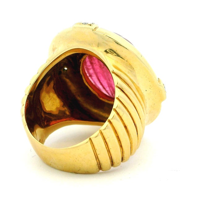 Vintage Italian 18k Gold Carved Rubellite Tourmaline Diamond Bombe Ring, Size 7 For Sale - Image 4 of 10
