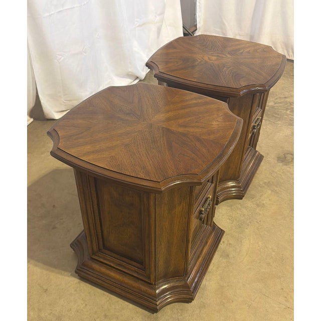 Wood Vintage Drexel Mediterranean Walnut End Tables With Storage – A Pair For Sale - Image 7 of 11