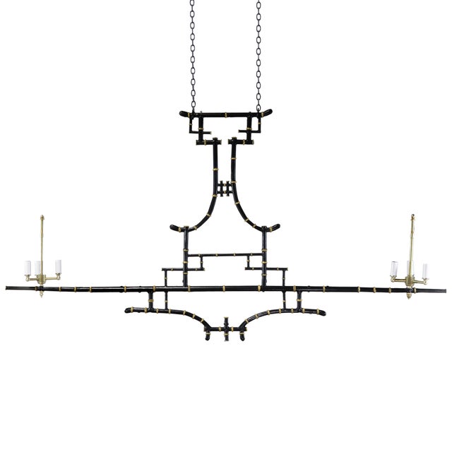 Vintage Chinoiserie Faux Bamboo Pagoda Chandelier Black and Gold Linear Island Pendant Light For Sale - Image 13 of 14