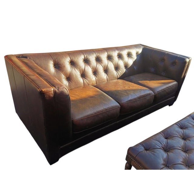 Chesterfield Square Arm Leather Sofa, a Stunning Blend of MCM Design and Classic Craftsmanship. For Sale In Raleigh - Image 6 of 9