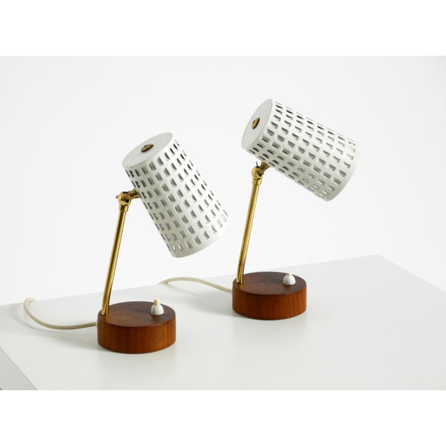Mid-Century Modern Mid-Century Modern Bedside Lamps with Perforated Metal Shades and Teak Bases, 1950s, Set of 2 For Sale - Image 3 of 18