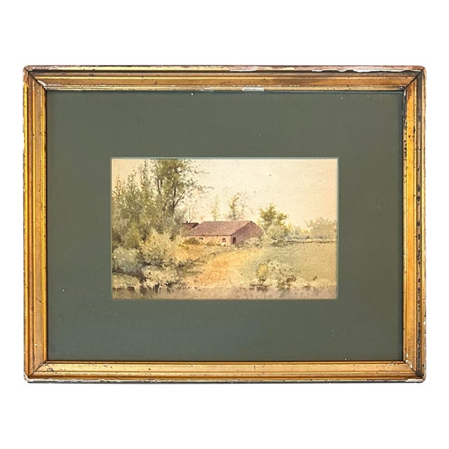 1930's Impressionist Rustic Barn Landscape Watercolor Painting For Sale