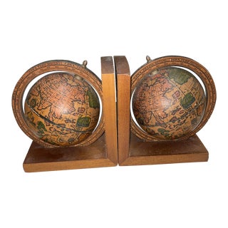 Wooden Spinning Globe Bookends- a Pair For Sale