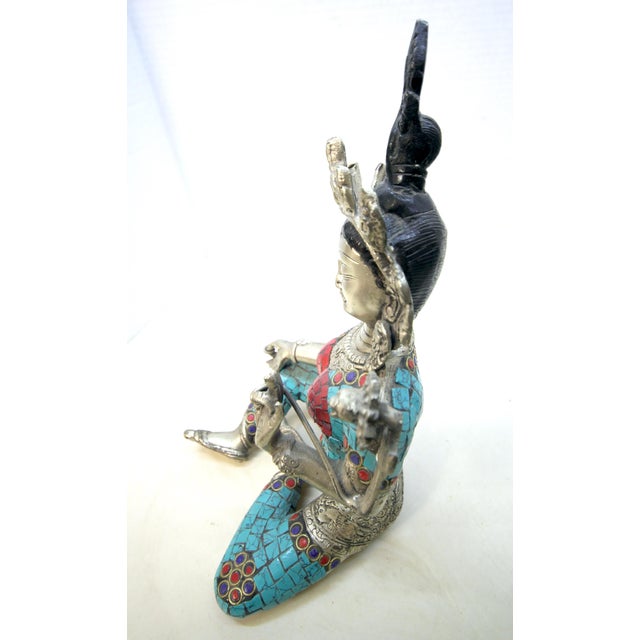 Mid-Century Tibetan-Style Inlaid Brass Green Tara Statue – 11" H For Sale - Image 18 of 18