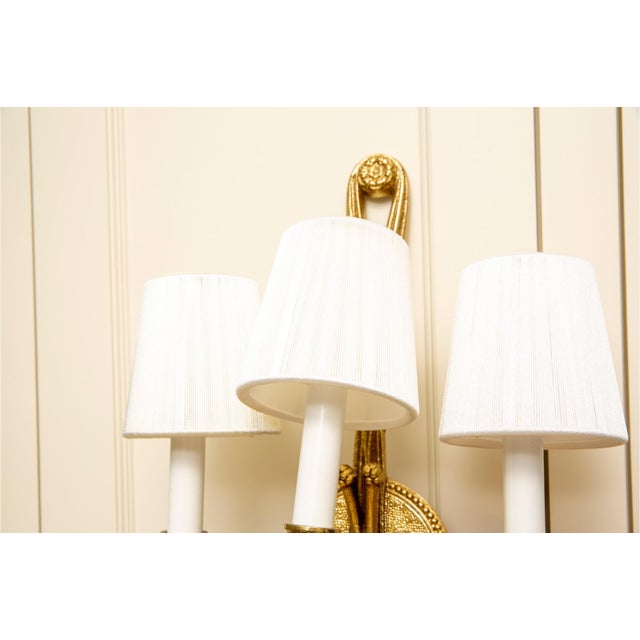 Vintage Louis XVI Neoclassical Revival Style Bronze Three-Light Wall Sconces—A Pair For Sale - Image 4 of 8