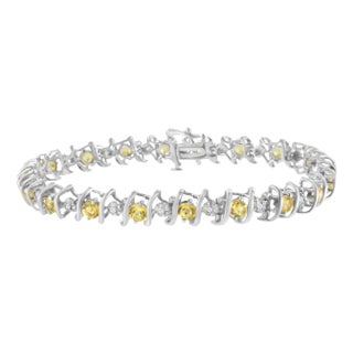 .925 Sterling Silver, Lab-Grown Gemstone and 1/6 Cttw Round Diamond Tennis Bracelet - Created Citrine, November Birthstone For Sale