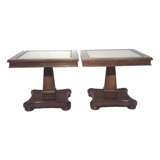 Vintage Wood Pedestal End Tables With Travertine Tops-a Pair For Sale